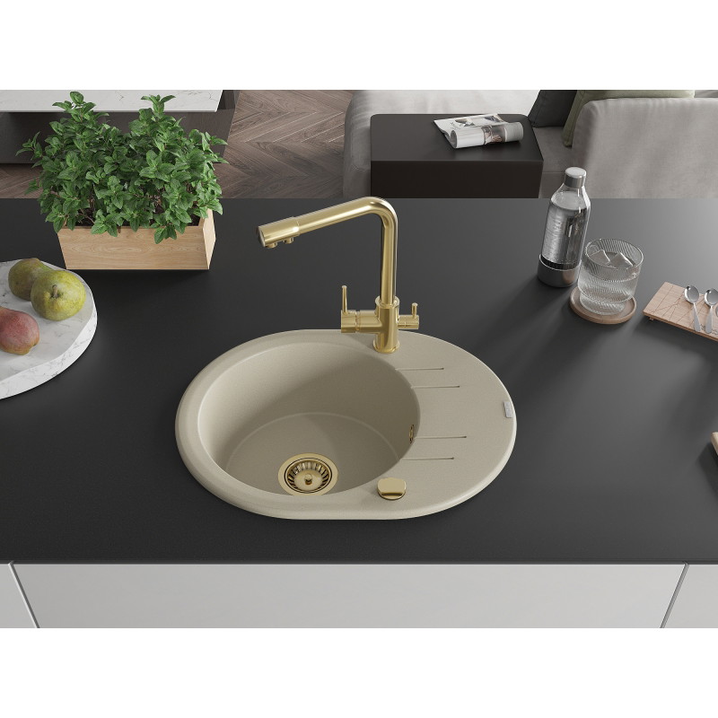 Mexen Kevin fregadero de granito 1-cubeta con escurridor y grifo de cocina Duero, beige - 6517-69-671600-50