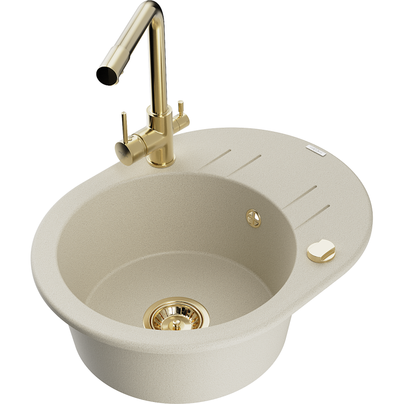 Mexen Kevin single-bowl granite sink with drainer and Duero kitchen tap, beige - 6517-69-671600-50