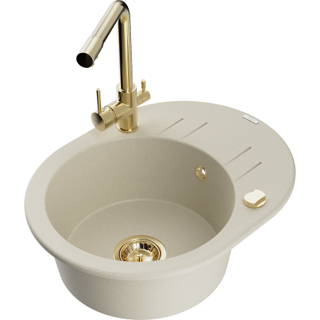 Mexen Kevin single-bowl granite sink with drainer and Duero kitchen tap, beige - 6517-69-671600-50