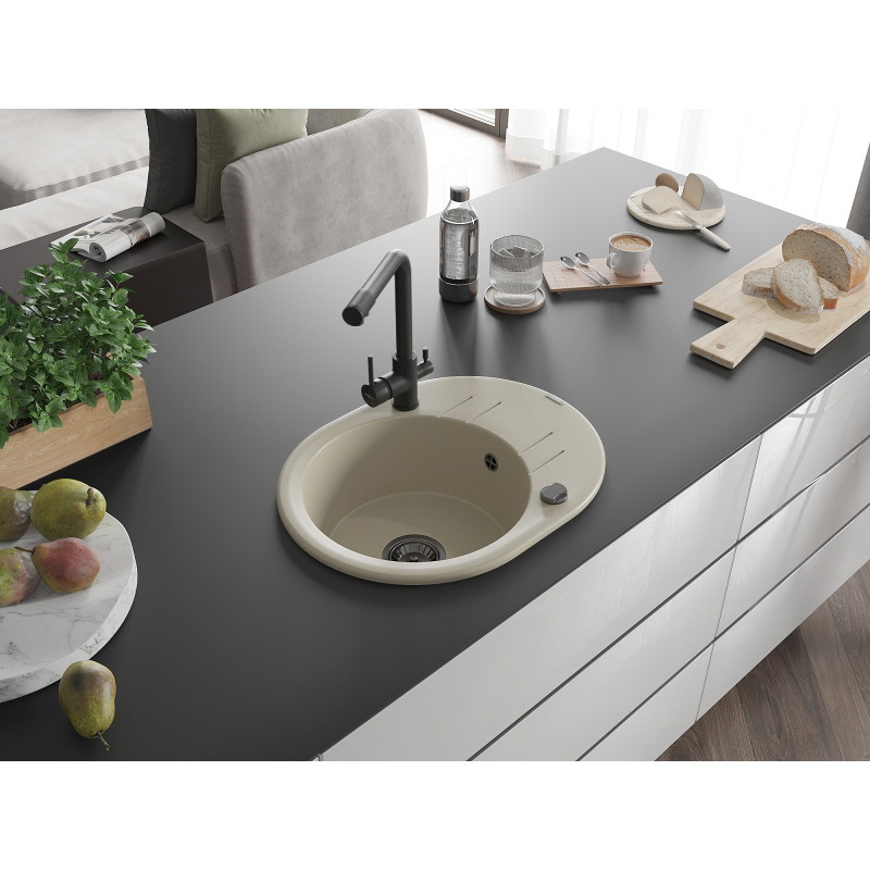 Mexen Kevin fregadero de granito de 1 seno con escurridor y grifo de cocina Duero, beige - 6517-69-671600-70