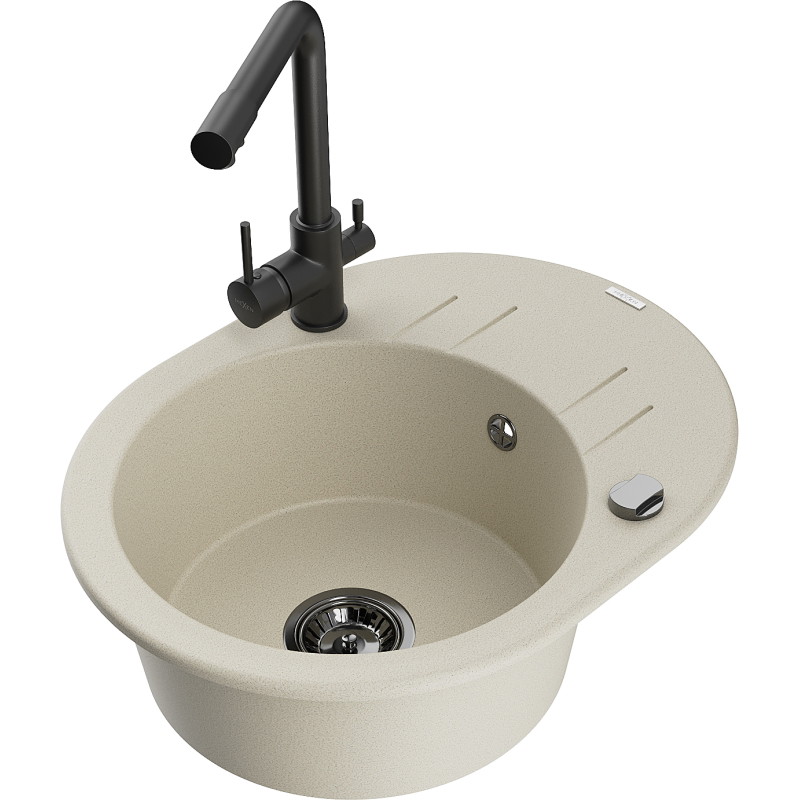 Mexen Kevin granit aanrecht 1-komora met afdruiprek en keukenkraan Duero, beige - 6517-69-671600-70