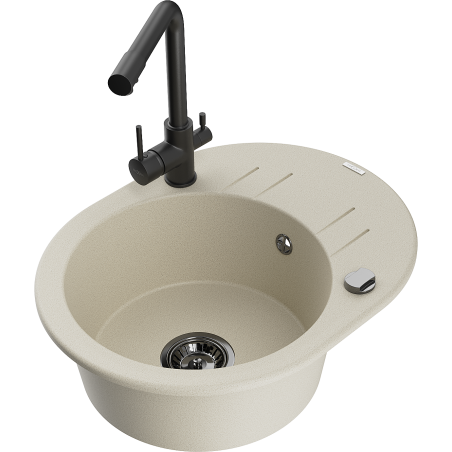 Mexen Kevin granite kitchen sink 1-bowl with drainer and Duero kitchen tap, beige - 6517-69-671600-70