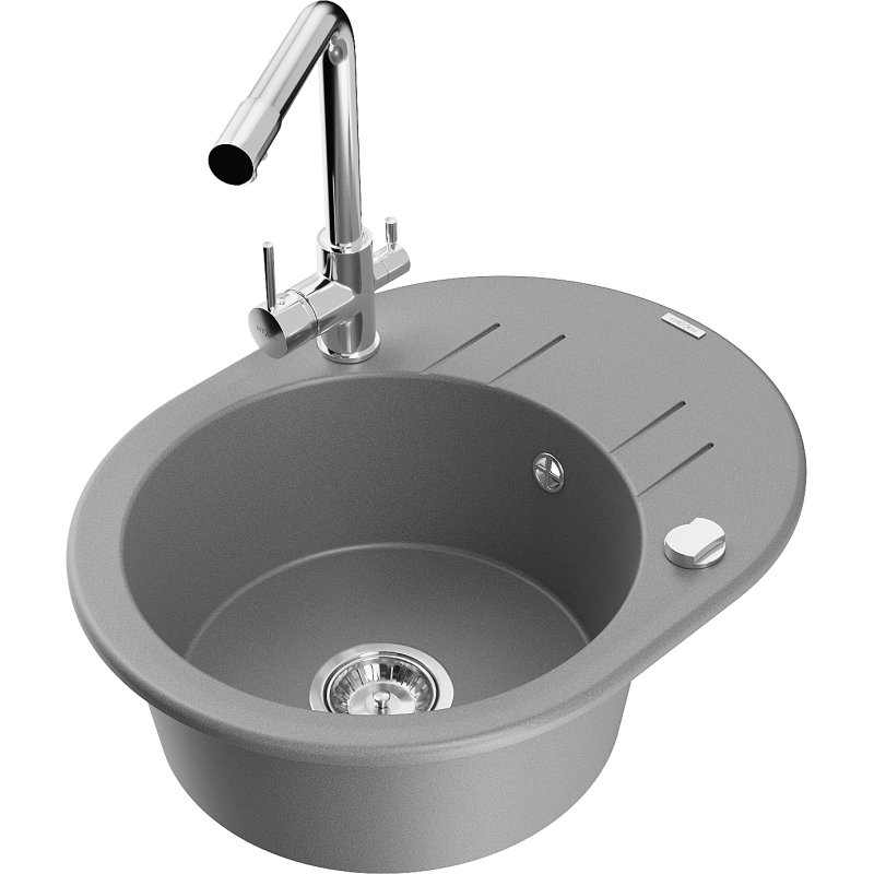 Mexen Kevin granīta virtuves izlietne ar vienu nodalījumu un noteces plāksni un jaucējkrānu Duero, pelēka - 6517-71-671600-00