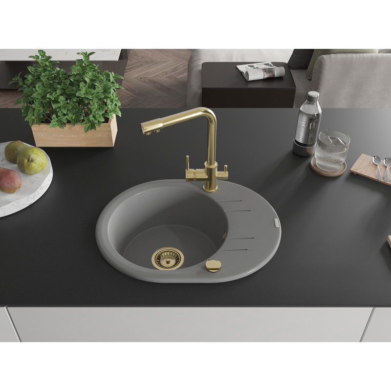 Mexen Kevin granite sink 1-bowl with drainer and Duero kitchen tap, grey - 6517-71-671600-50