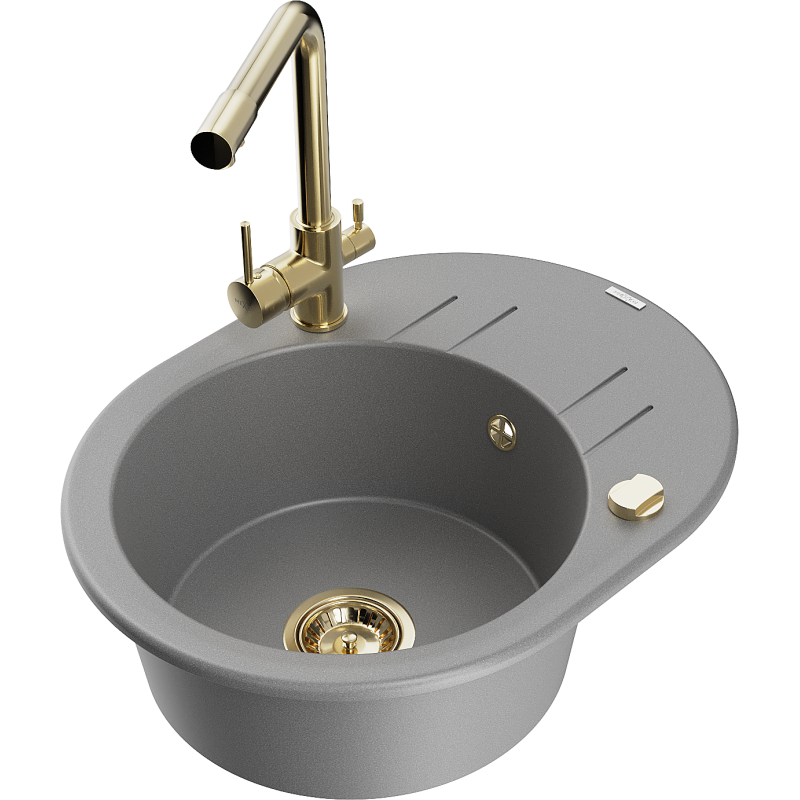 Mexen Kevin granite sink 1-bowl with drainer and Duero kitchen tap, grey - 6517-71-671600-50