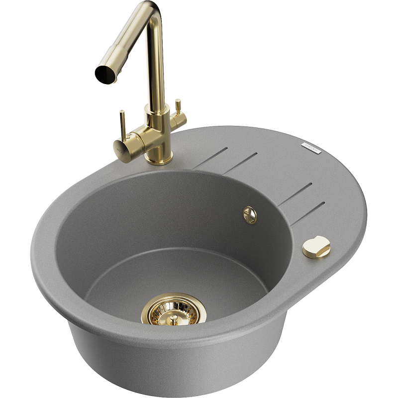 Mexen Kevin lavello da cucina in granito a 1 vasca con scolapiatti e rubinetto da cucina Duero, grigio - 6517-71-671600-50