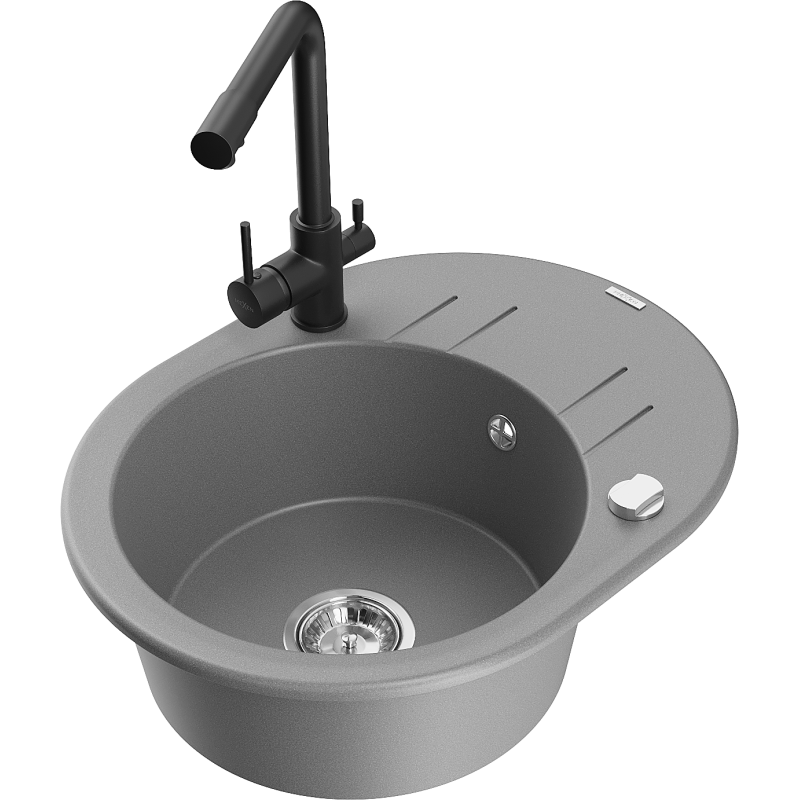 Mexen Kevin 1-bowl granite sink with drainer and Duero kitchen tap, grey - 6517-71-671600-70