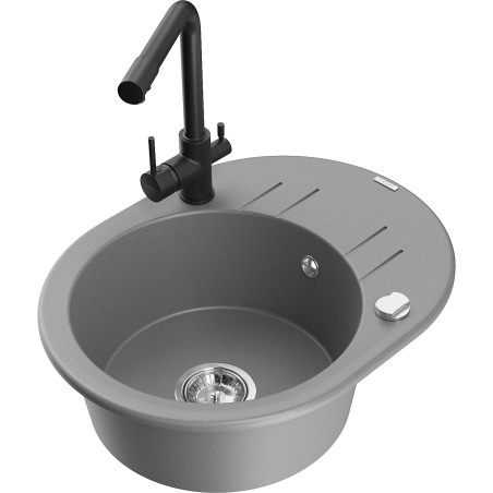 Mexen Kevin 1-bowl granite sink with drainer and Duero kitchen tap, grey - 6517-71-671600-70