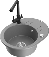 Mexen Kevin 1-bowl granite sink with drainer and Duero kitchen tap, grey - 6517-71-671600-70