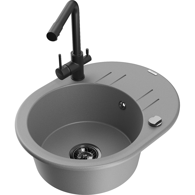Mexen Kevin single-bowl granite sink with drainer and Duero kitchen tap, grey - 6517-71-671600-70-B
