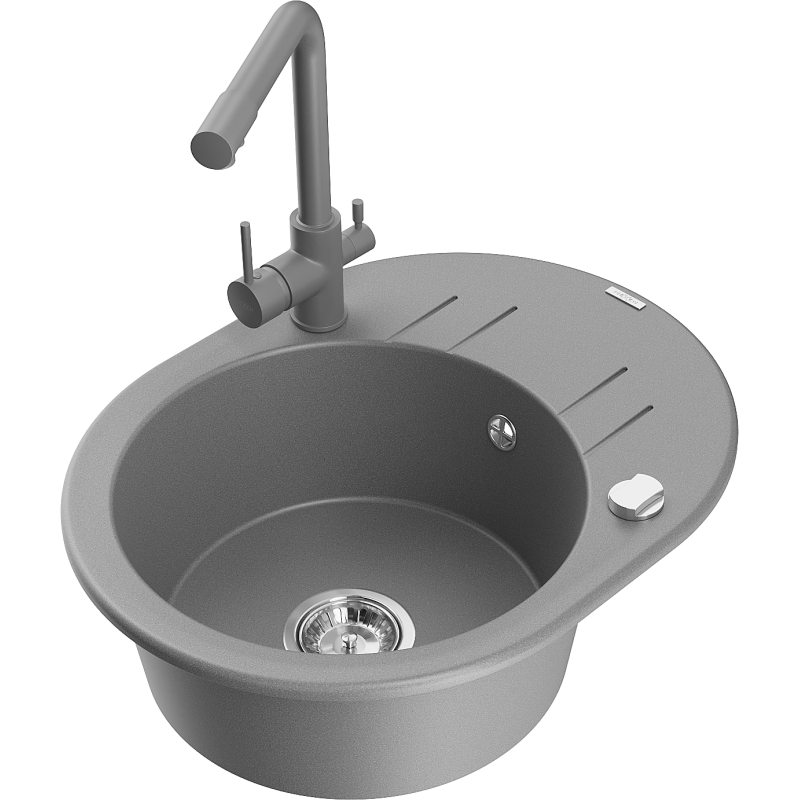 Mexen Kevin single-bowl granite sink with drainer and Duero kitchen tap, grey - 6517-71-671600-71