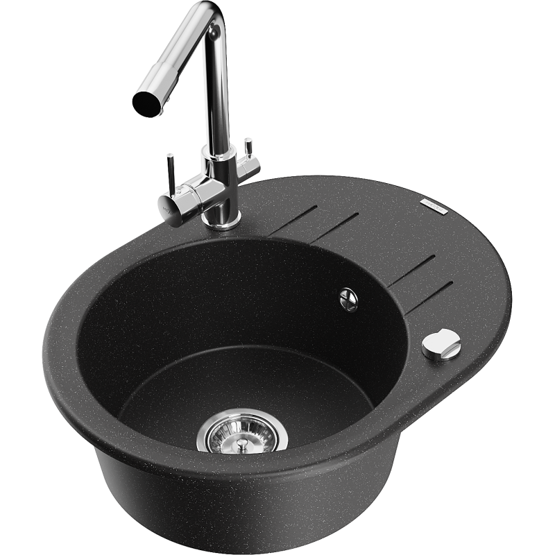 Mexen Kevin lava-loiça de granito de 1 cuba com escorredor e torneira de cozinha Duero, preto/prateado metálico