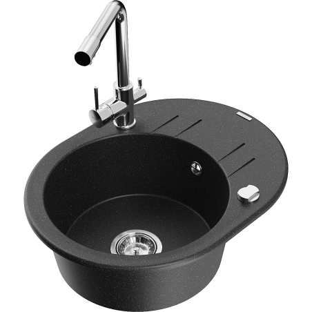 Mexen Kevin granite 1-bowl sink with drainer and Duero kitchen faucet, black/silver metallic - 6517-73-671600-00