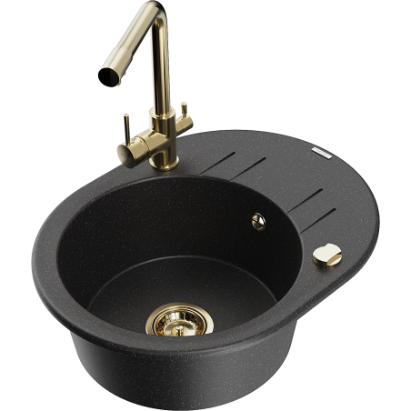 Mexen Kevin granit gootsteen 1-kompartment met afdruiprek en keukenkraan Duero, zwart/zilver metallic - 6517-73-671600-50