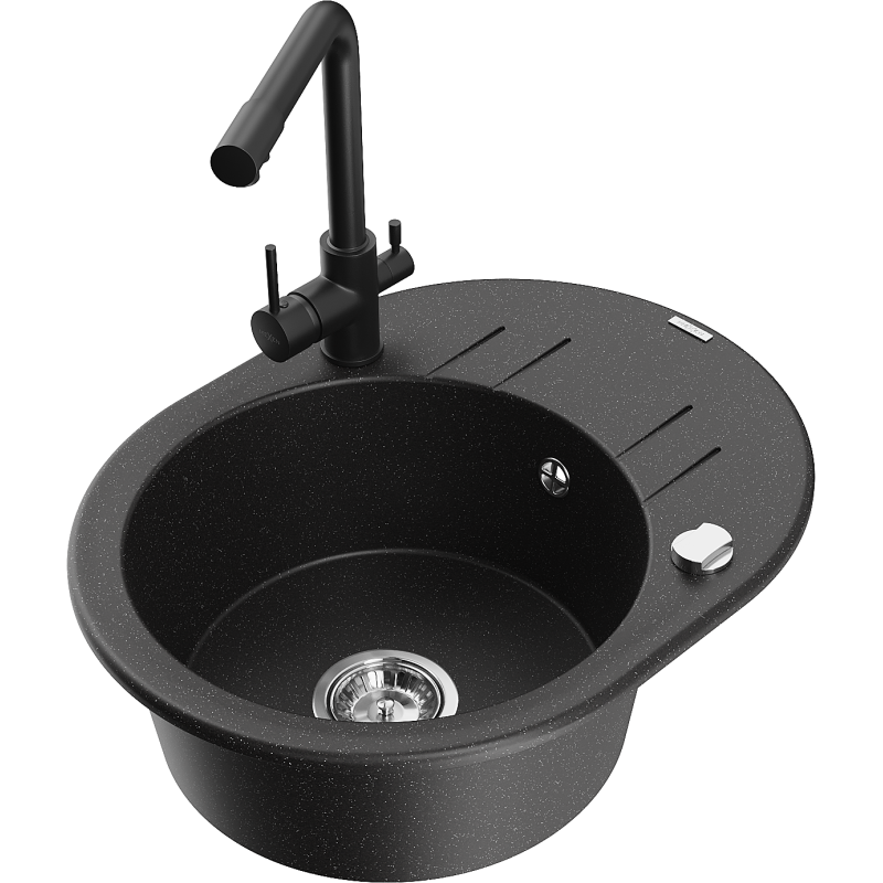 Mexen Kevin lavello in granito a 1 vasca con sgocciolatoio e rubinetto cucina Duero, nero/argento metallizzato