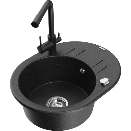 Mexen Kevin granite sink 1-bowl with drainer and kitchen faucet Duero, black/silver metallic - 6517-73-671600-70
