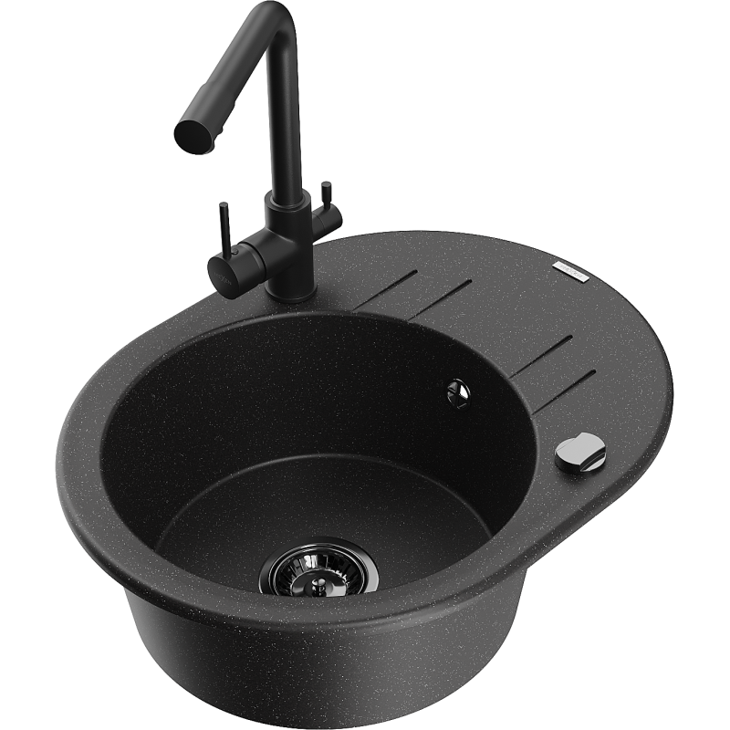 Mexen Kevin granieten spoelbak 1 kamer met afdruiprek en keukenmengkraan Duero, zwart/zilver metallic - 6517-73-671600-70-B