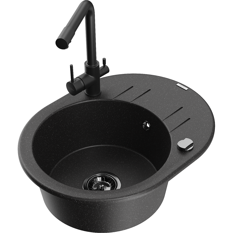 Mexen Kevin granitizlietne mazgājamās izlietne ar 1 nodalījumu, noteces sistēmu un virtuves krānu Duero, melna/sudraba