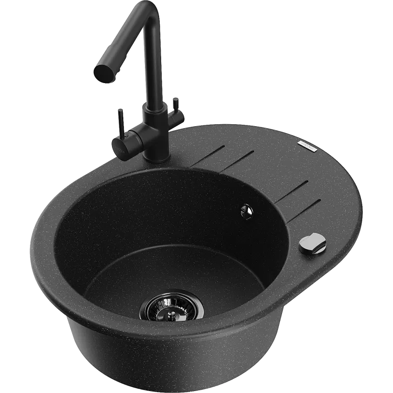 Mexen Kevin single-bowl granite sink with drainer and Duero kitchen tap, black/silver metallic - 6517-73-671600-70-B