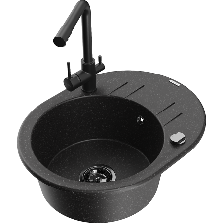 Mexen Kevin fregadero de granito de 1 tazón con escurridor y grifo de cocina Duero, negro/metalizado plateado