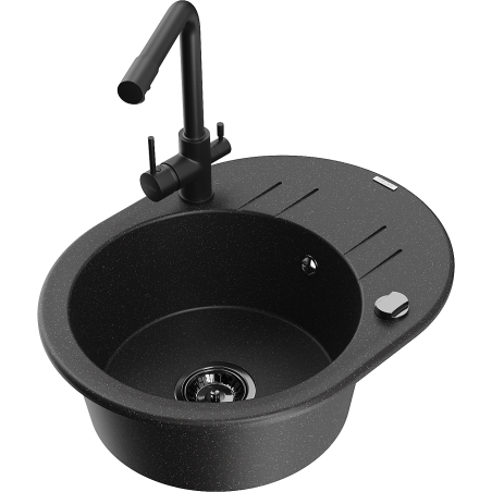 Mexen Kevin granieten spoelbak 1 kamer met afdruiprek en keukenmengkraan Duero, zwart/zilver metallic - 6517-73-671600-70-B