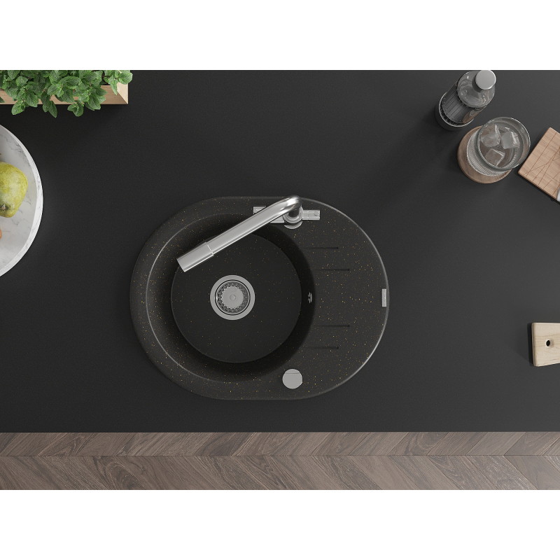 Mexen Kevin fregadero de granito con 1 compartimento con escurridor y grifo de cocina Duero, negro/oro metálico
