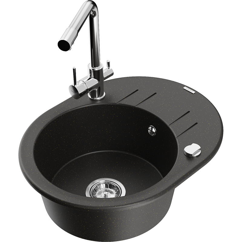 Mexen Kevin fregadero de granito de 1 seno con escurridor y grifo de cocina Duero, negro/dorado metalizado - 6517-75-671600-00