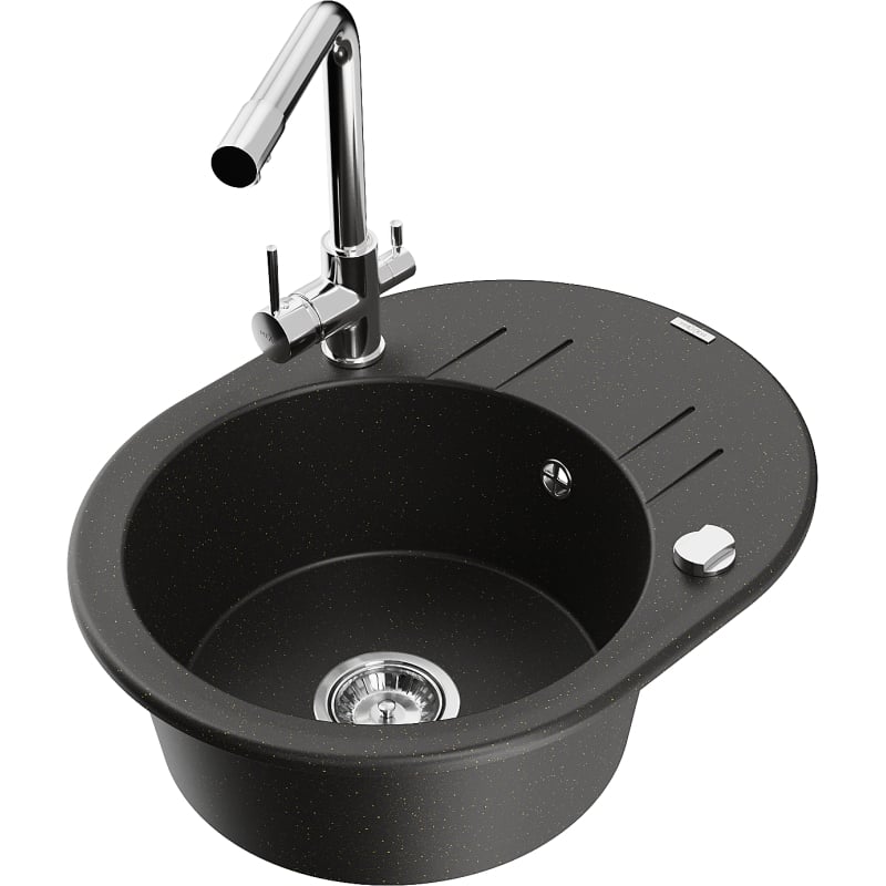Mexen Kevin granitische 1-komports spoelbak met druiprek en keukenmengkraan Duero, zwart/goud metallic - 6517-75-671600-00