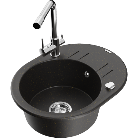 Mexen Kevin 1-Wannen Granitspüle mit Abtropffläche und Küchenarmatur Duero, schwarz/gold metallic - 6517-75-671600-00