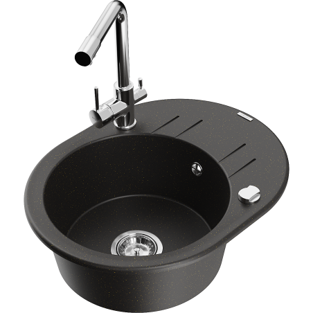 Mexen Kevin granitische 1-komports spoelbak met druiprek en keukenmengkraan Duero, zwart/goud metallic - 6517-75-671600-00