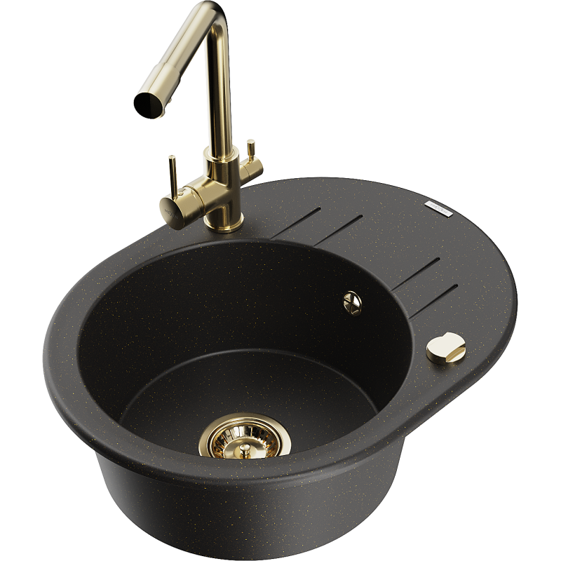 Mexen Kevin 1-bowl granite sink with drainer and Duero kitchen tap, black/gold metallic - 6517-75-671600-50