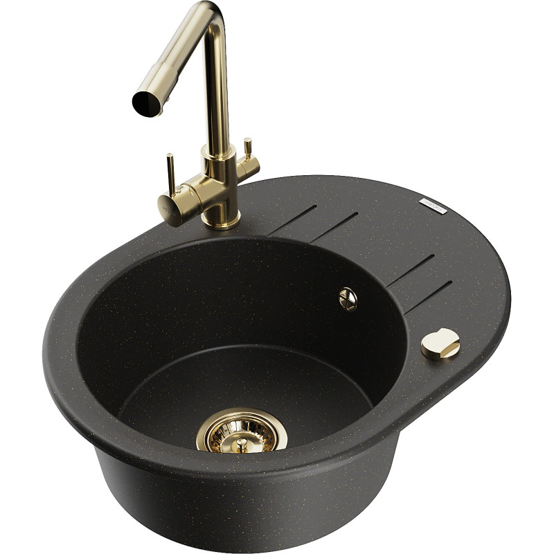 Mexen Kevin granitische gootsteen 1-komorig met afdruiprek en keukenkraan Duero, zwart/gouden metallic - 6517-75-671600-50