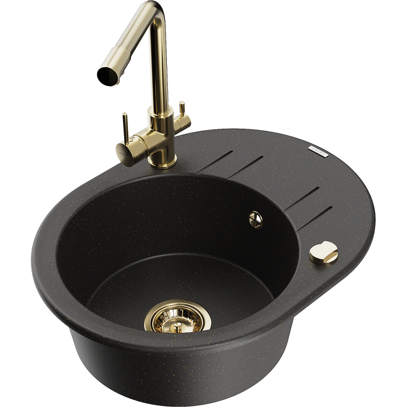 Mexen Kevin lavello in granito a 1 vasca con scolapiatti e rubinetto da cucina Duero, nero/oro metallizzato - 6517-75-671600-50