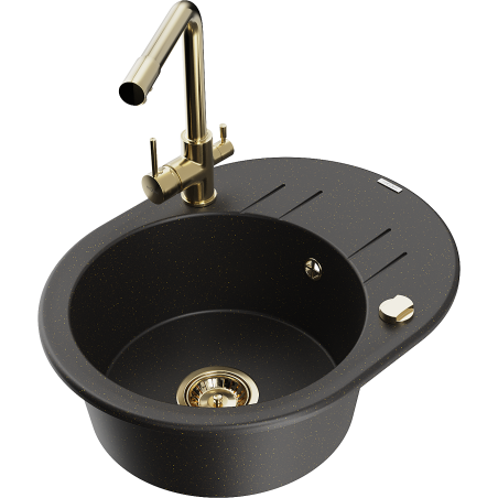 Mexen Kevin 1-bowl granite sink with drainer and kitchen faucet Duero, black/gold metallic - 6517-75-671600-50