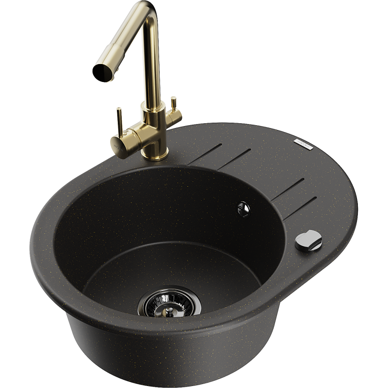 Mexen Kevin fregadero de granito de 1 cubeta con escurridor y grifo de cocina Duero, negro/oro metálico - 6517-75-671600-50-B