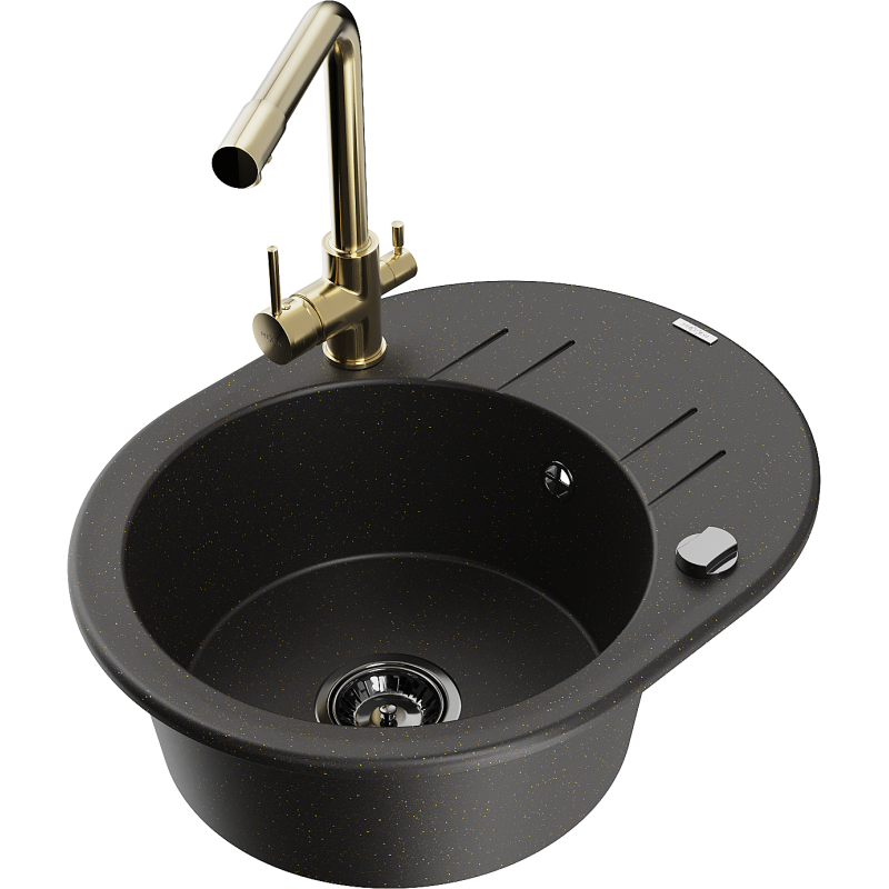 Mexen Kevin granite sink single bowl with drainer and Duero kitchen tap, black/gold metallic - 6517-75-671600-50-B