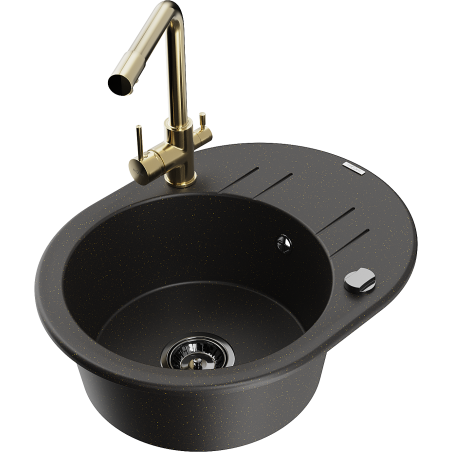 Mexen Kevin granieten gootsteen 1-kompartment met afdruiprek en keukenkraan Duero, zwart/goud metallic - 6517-75-671600-50-B