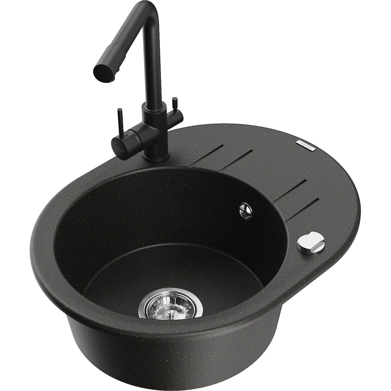 Mexen Kevin 1-baks granieten spoelbak met afdruiprek en keukenmengkraan Duero, zwart/goud metallic - 6517-75-671600-70