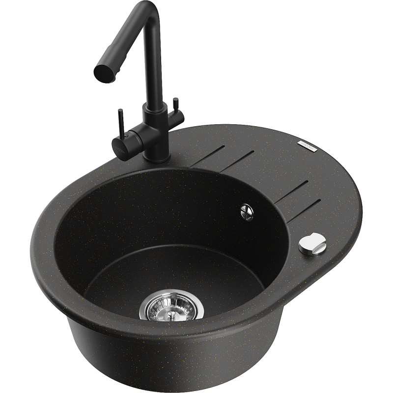 Mexen Kevin fregadero de granito 1-cámara con escurridor y grifo de cocina Duero, negro/dorado metalizado - 6517-75-671600-70