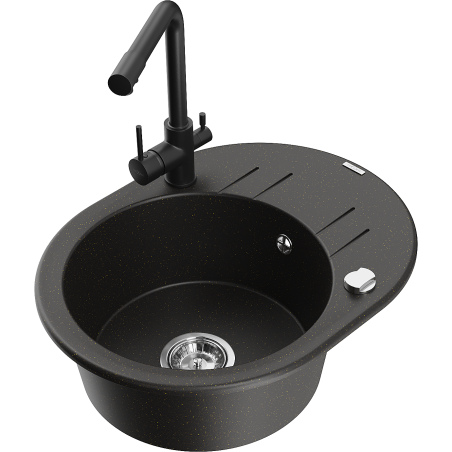 Mexen Kevin 1-bowl granite kitchen sink with drainer and Duero kitchen faucet, black/gold metallic - 6517-75-671600-70