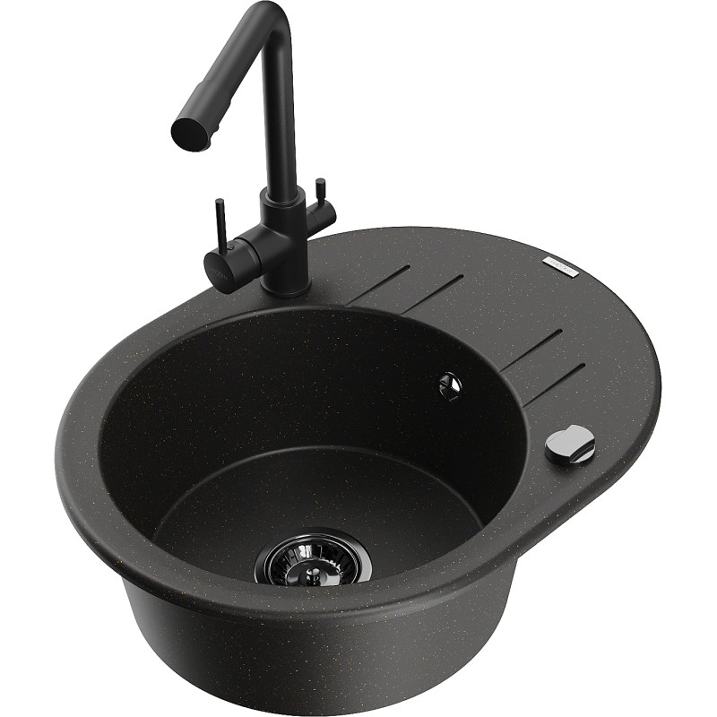 Mexen Kevin fregadero de granito de 1 compartimento con escurridor y grifo de cocina Duero, negro/dorado metálico