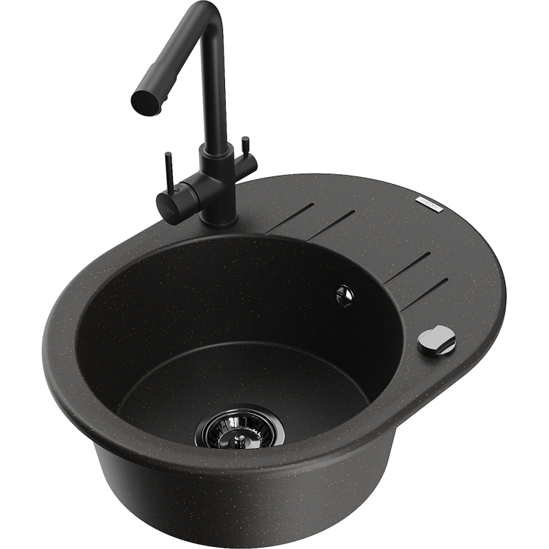 Mexen Kevin lavello in granito a 1 vasca con gocciolatoio e rubinetto da cucina Duero, nero/oro metallizzato