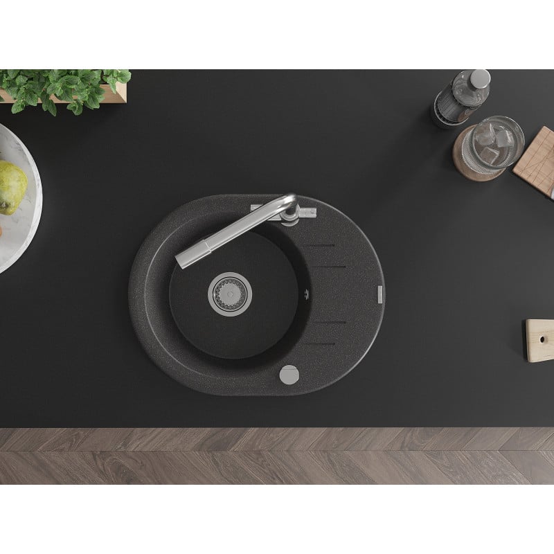 Mexen Kevin fregadero de granito de 1 seno con escurridor y grifo de cocina Duero, negro moteado - 6517-76-671600-00