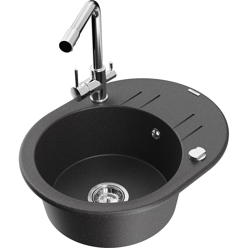 Mexen Kevin fregadero de cocina de granito de 1 seno con escurridor y grifo de cocina Duero, negro moteado - 6517-76-671600-00