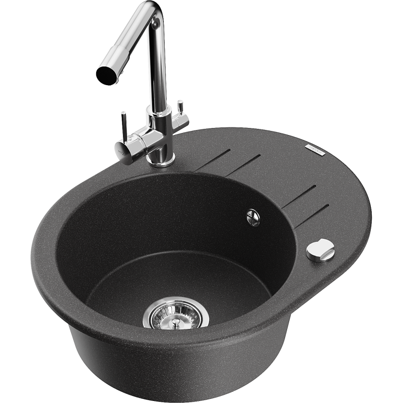 Mexen Kevin fregadero de granito de 1 seno con escurridor y grifo de cocina Duero, negro moteado - 6517-76-671600-00
