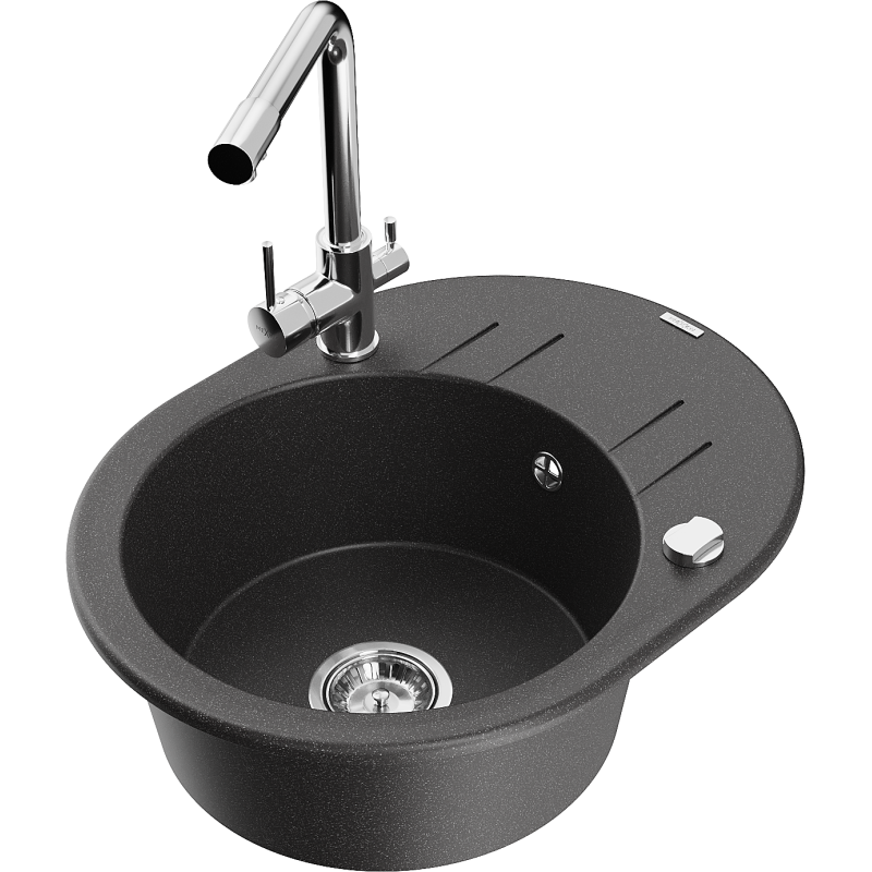 Mexen Kevin granite sink 1-bowl with drainer and Duero kitchen tap, black speckled - 6517-76-671600-00