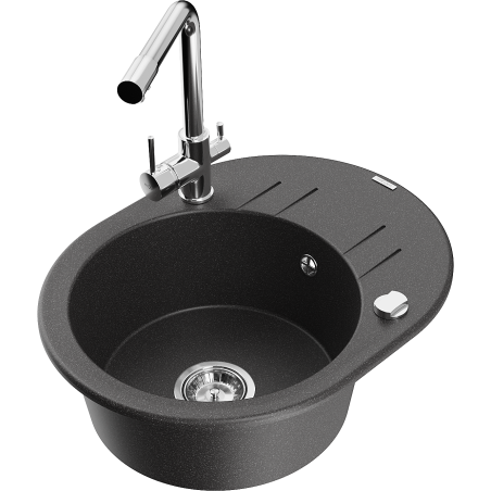 Mexen Kevin granite sink 1-bowl with drainer and Duero kitchen tap, black speckled - 6517-76-671600-00