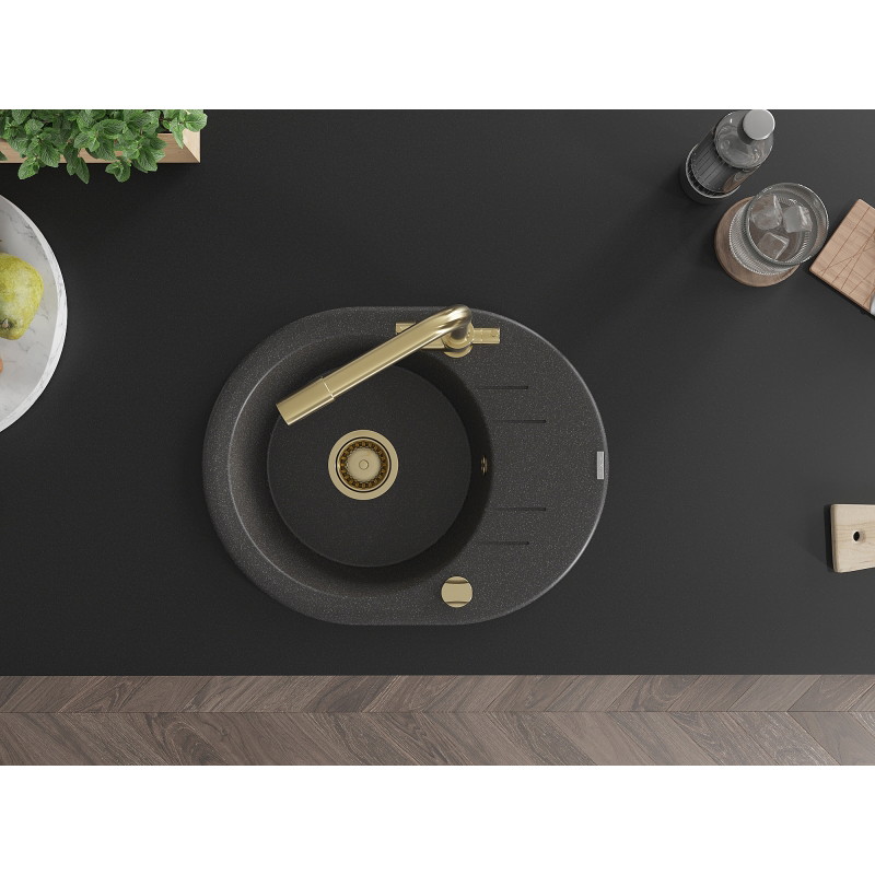Mexen Kevin fregadero de granito de 1 seno con escurridor y grifo de cocina Duero, negro moteado - 6517-76-671600-50