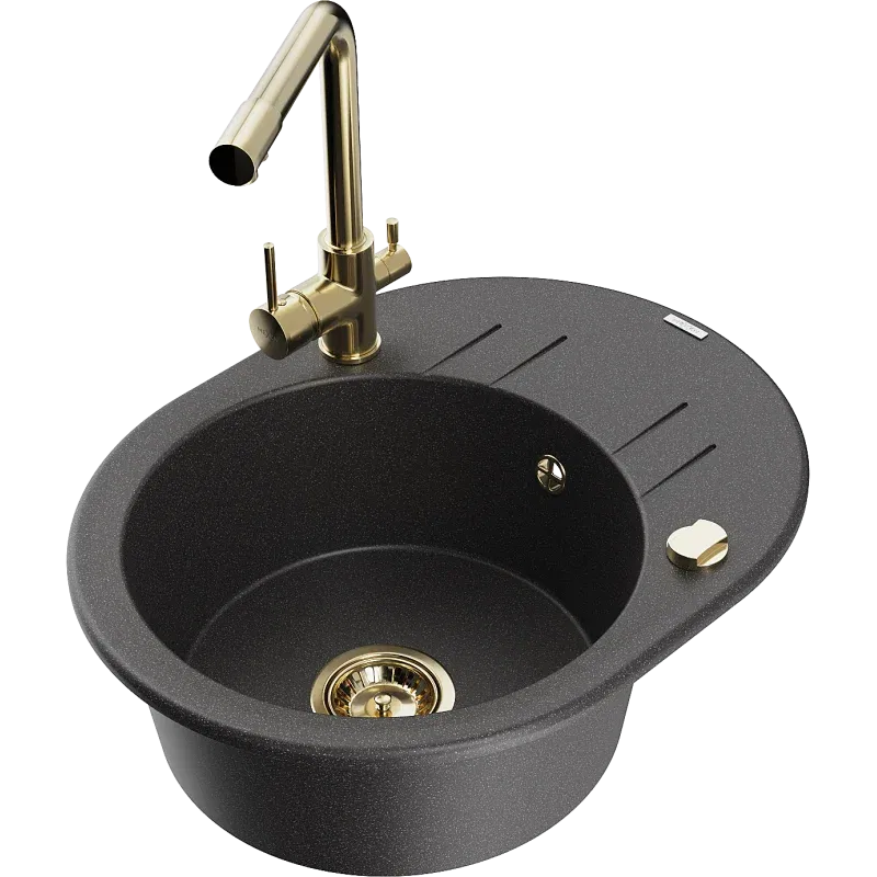 Mexen Kevin Granitspüle 1-Becken mit Abtropffläche und Küchenarmatur Duero, schwarz gesprenkelt - 6517-76-671600-50