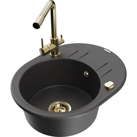 Mexen Kevin granite kitchen sink 1-bowl with drainer and Duero kitchen faucet, black speckled - 6517-76-671600-50